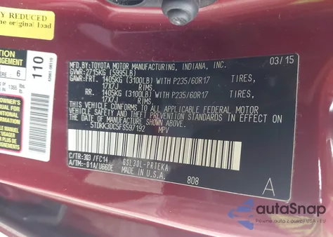 2015 Toyota Sienna Le 8 Passenger from USA, damaged, VIN 5TDKK3DC5FS597192